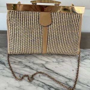 Letisse Brown Wicker Leather Purse Bag Clutch Gold Chain Frame Vintage 70s 80s